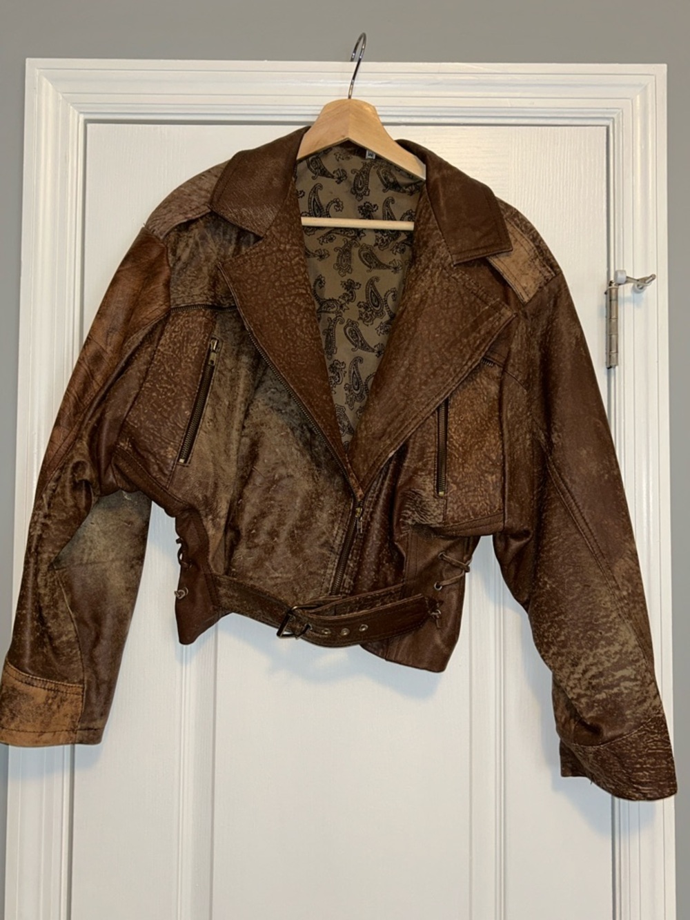 Women's Brown Leather Cropped Moto Jacket with Belt From Istanbul Turkey 1991